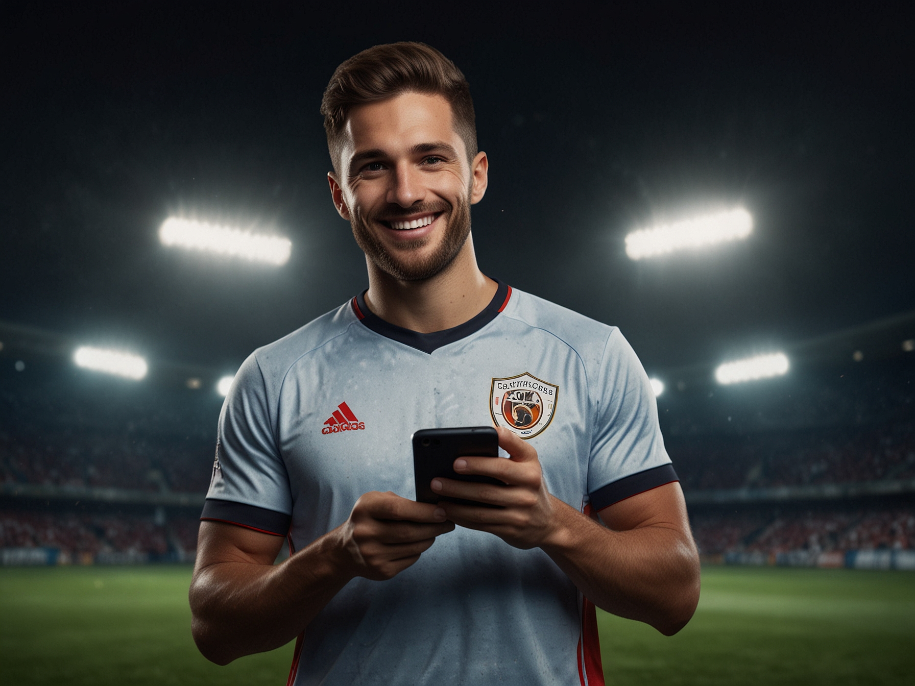 Фудбалер држи телефон као симбол RedBet апликације